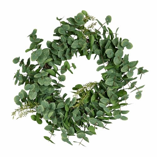 Loberon Kranz Cranleigh, grün | Naturnahe Eukalyptus-Optik - Ganzjährige Dekoration - Lebendige Ausstrahlung - Türkranz - Rattan - Eisendraht