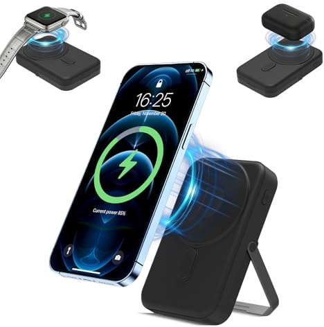Batterie Externe 10000mAh Magnétique 3-en-1, Chargeur Portable sans Fil 15W, 22.5W USB-C Charge Rapide avec Béquille & Affichage LED, Compatible Mag-Safe pour Smartphone, Casque et Montre (Noir)