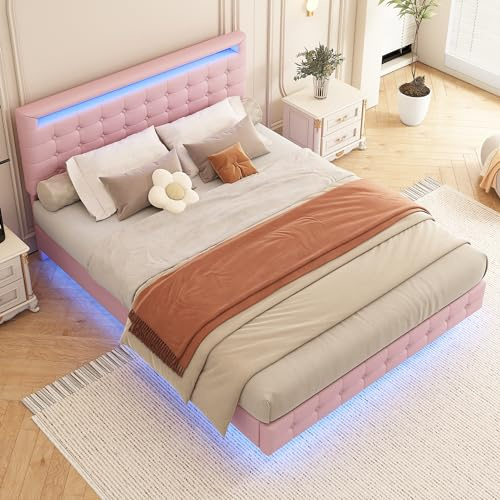 Modernes Flachbett mit LED-Beleuchtung und Fernbedienung, höhenverstellbarem Kopfteil, schwebendem Design, Stabiler Rahmen aus PU und MDF, perfekt für stilvolles Schlafzimmer