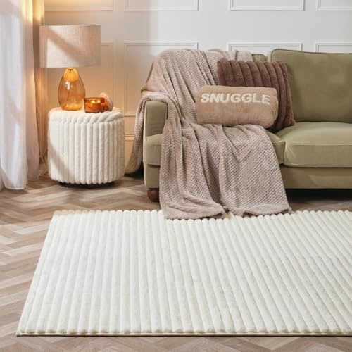 OHS Cream Rugs Living Room 120 x 170, Faux Fur Ribbed Area Rugs for Bedroom Home Decorative Super Soft Comfy Modern Medium Rug Anti Slip Low Pile Floor Carpet Non Shedding