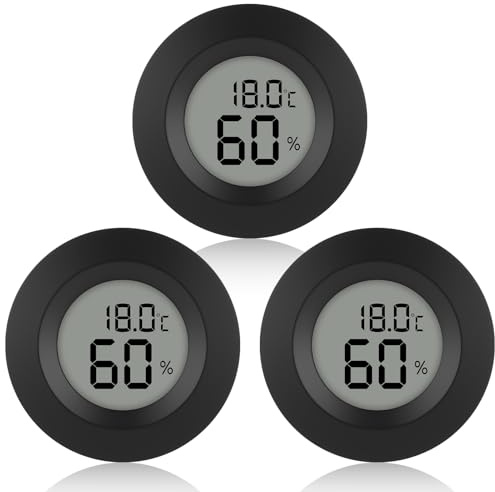 Humidity Meter Sensor 3 Pcs Thermometer Mini Round Hygrometer Tank Accessories Humidity Meter Monitor for Office Bedroom Reptile Babyroom ers Greenhouse Reptile Basement Humidor, Black
