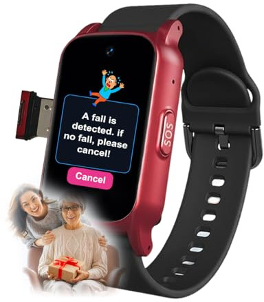 VCYEX Reloj Inteligente con Detección De Caídas para Personas Mayores, con GPS, Botón SOS, Llamada Bidireccional Resistente Al Agua Reloj Localizador De Personas MayoresRed,1.25 * 0.57 * 2.22inch