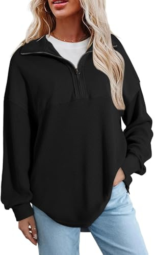 Chicrise Sweat Femme sans Capuche Demi-Zip Pull Long Chaud Décontracté Moderne Sweat-Shirts Léger Respirant Lâche Noir Grand 42-44 L