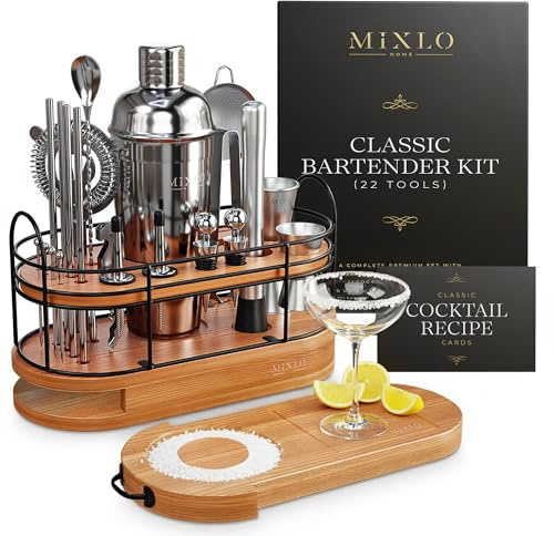 MIXLO HOME Mixology Bartender Kit - 22Pcs Bar Set Cocktail Shaker Set w Brown Bar Cart Accessories Stand - Shakers Bartending Silver Tools, 24oz Shaker, 17 Recipe Cards, Martini Barware