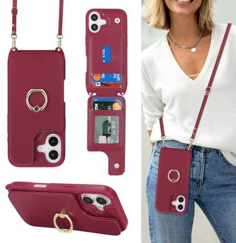 Cavor Phone Case Compatible with iPhone 17 Case With Card Holder With Strap,Flip Leather Wallet Card Case with Lanyard,Ring Kickstand Shockproof Cover Case for iPhone 17 - Rose Red