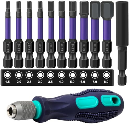 Allen Key Drill Bit Set, CYLBAQ H1.5-H8 Hex Bits with Screwdriver Handle | 50mm S2 Steel Allen Wrench Bits (1.5mm-8mm), 1/4 Hex Shank Magnetic Screwdriver Bits with Mini Handle & Extension Holder