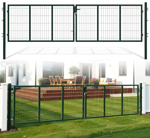 Ansobea Gartentor Grün, 350x100cm Gartentür aus verzinkter Stahl, Gartenzaun Zauntür mit Schloss, Griff und 3 Schlüsseln, Doppeltor, für Garten Tor Hoftor Gartenpforte