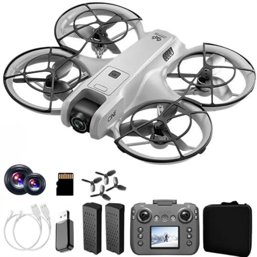 RC Drone With Display Screen, Airplane Helicopter With Dual Cameras (180° Adjustable), 360° Propeller Protection,Optical Flow Positioning, Brushless Motor, One Key Takeoff/Landing, Headless Mode, Emergency Stop,Tail LED Light, Waypoint Flight, Lateral Flight And Turning, Propeller Guard, 2 Batteries, Memory Card, Card Reader, Handbag, Beginner-Friendly FPV Remote Control Plane Copter Quadcopter (Gray)