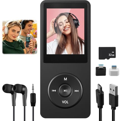 32Go Lecteur MP3 Bluetooth 5.1, Baladeur Musical HiFi sans Perte avec Haut-Parleur Enregistrement MP3 pour Sport et Voyage, 70H Ultra-Longue Autonomie Portable avec Casque pour Enfant Adulte, Noir