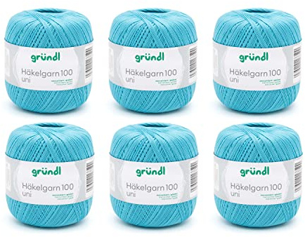 Gründl Wolle Häkelngarn 100 6 Knäuel 100 g, türkis | dünne sommerliche Wolle zum Häkeln - Glänzend und waschbar - Baumwollgarn - 100 % Baumwolle - 100 g / 566 m - Nadelstärke 1,5