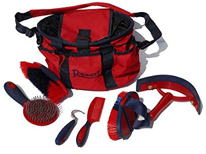 Rhinegold Borsa per la toelettatura rossa con kit, set regalo da 7 pezzi che include tutti i tipi di spazzola per peli di cavallo, pettine per curry e plettro per zoccoli con una borsa multiuso per la