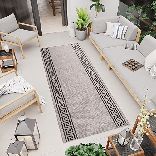 TAPISO Floorlux Teppich Läufer Meterware Flur Küche Wohnzimmer Indoor Sisal Optik Modern Geometrisch Griechisch Grau Schwarz Brücke 70 x 100 cm