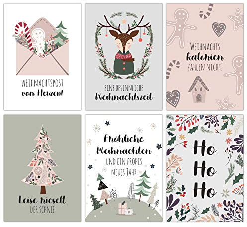 Papierdrachen Weihnachtskarten Set – 12 Pastell Postkarten zu Weihnachten – liebevolle Grußkarten im Winterdesign zum Verschicken & Dekorieren