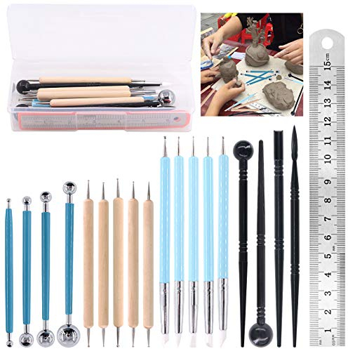 Glarks Juego de 19 herramientas de escultura de arcilla para modelar tallar, incluye herramientas de modelado de plástico, lápiz capacitivo de bola, colorear, pintura de uñas