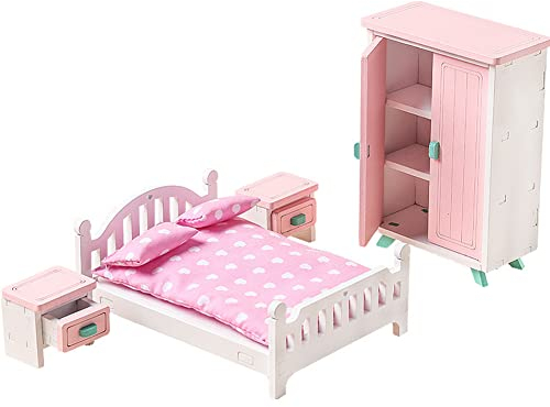 ikasus Puppenmöbel,Puppenhaus Möbel und Zubehör Holz,Möbelset Puppenhausmöbel mit Puppen,DIY Miniatur Haus Puppenhaus Kit Spielzeug für Mädchen und Jungen