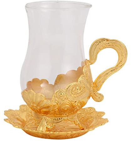 YARNOW Vintage Style Tea Cup Saucer Set 4 Piece Zinc Alloy Glass Set Home Office Decor