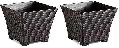 AC - Pack de 2 macetas Cuadrada - Fabricación en plástico – Diseño Rattan – Ideal como macetero, Tiesto, Recipiente para Plantas, Flores, balcón, terraza, jardín – 25 cm – Color Wengué