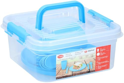 GEEZY Ensemble de 21 couverts en plastique pour pique-nique, camping, fête, dîner, tasse, couverts, boîte de rangement