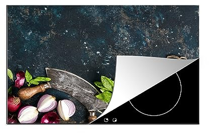 MuchoWow Herdabdeckplatte Ceranfeld Spritzschutz Küche Gemüse - Kräuter - Wiegemesser - Zwiebel - Gewürze - Rustikal 80.2x52.2 cm Induktionsherd Abdeckung Induktionskochfeld Ceranfeldabdeckung