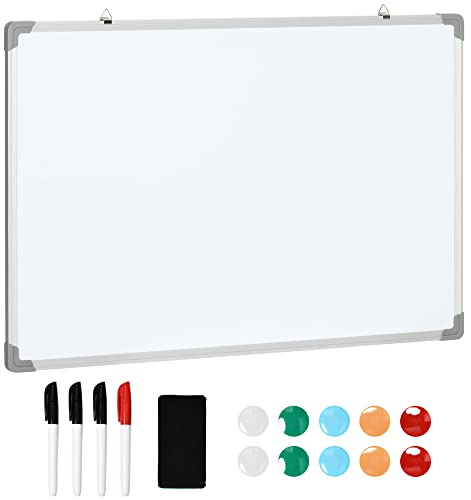 HOMCOM Lavagna Magnetica da Parete a Bordi Arrotondati con Gomma, Pennarelli e Magneti, Lavagna Bianca in Alluminio, 90x60x1.8 cm