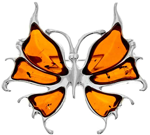 925 Sterling Silver & Genuine Cognac Baltic Amber Jewellery - Exclusive Small Butterfly Brooch AD805SC