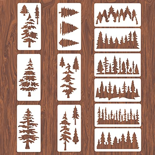 INFUNLY 12Pcs Baum Schablone Für Malerei Kiefer Schablonen 11,8x5,9 zoll Wiederverwendbare Malerei Wand Schablonen Holz und Leinwand Möbel Papier