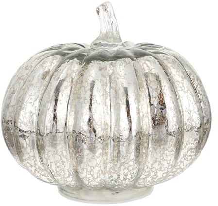 DOITOOL Glas Kürbis LED Silbern leuchtender Deko Kürbis mit Licht Herbst | Beleuchteter Glas Kürbis in Silber für Halloween & Herbst Deko, stimmungsvolles LED Licht für eine gemütliche Tischdekoration
