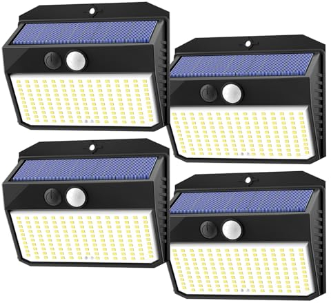 SIGRILL Luz Solar Exterior, 150LED Luces Solares Con Sensor De Movimiento, Focos Solares Exterior con 3 Modos, IP65 Impermeable Lamparas Exterior para Jardín, Garaje, Calle, Patio, Caminos (4 Paquete)