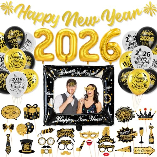 HOWAF Decorazioni Capodanno 2026 Palloncini, Striscioni Happy New Year Banner Bandiera Ghirlanda Festoni Buon Anno Nuovo, Occhiali di Carta, Foto Props per Addobbi Capodanno 2026 Gadget, Nero Oro