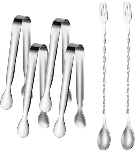 BZKSER Pince Cuisine - 4 pcs Pince à Glaçons en Acier Inoxydable 304,Pince Bonbon Multifonction,Pince a glacon,pour Candy Bar Glace Sucre Biscuit Buffet Grill Bar Cuisine(+2 Longues cuillères)