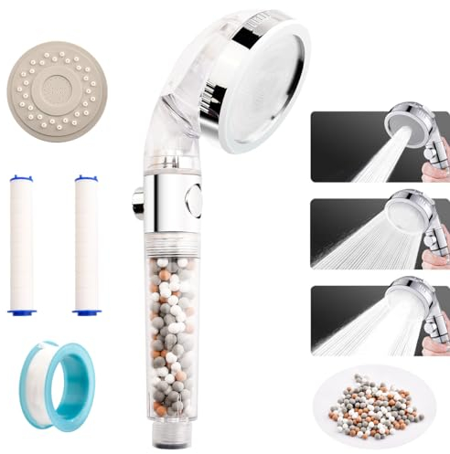 Ruayia Wassersparender Duschkopf, Duschbrause Duschkopf mit Filter, Druckerhöhende Duschbrause mit Wasserstoppknopf & Mineralsteinen und 3 Strahlarten & 2 x Ersatzfilterpatrone & Teflonband