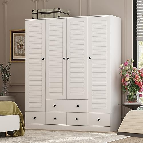 Großer Kleidschrank Garderobenschrank mit 4 Türen,5 Schubladen, Hängestangen Schlafzimmerschrank mit schwarzen Griffen für das Schlafzimmer, Kleiderschränke,150cm B x 50 cm T x180 cm H,weiß, MDF