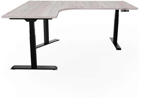 Eigentlich Höhenverstellbarer Eckschreibtisch Gestell schwarz, Winkelschreibtisch 90 Grad elektrisch 180 x 140 cm, Sitz-Stehschreibtisch Memoryfunktion (Eiche modern, Lange Seite rechts)