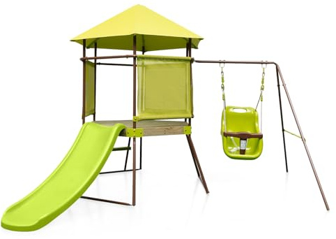 GYMAX Altalena e Scivolo 4-in-1, Parco Giochi Extra Large all'Aperto con Fortino Coperto, Scivolo Lungo, Seggiolino Altalena Regolabile in Altezza, Scale di Arrampicata, per Bambini dai 3 ai 7 Anni