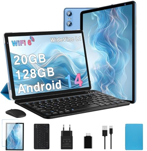 Biegedy Tablet 10 Pollici Android 14 Tablet 20GB RAM+128GB ROM (1TB TF), Tablets 5G/2.4G WiFi 6 Octa-Core, Widevine L1/GMS/Bluetooth 5.0/6000mAh/5+8MP, Tablet 2 in 1 Tastiera+Mouse - Blu