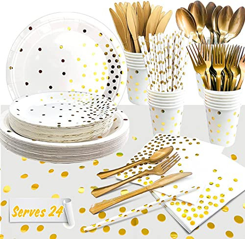Set di stoviglie bianche e oro, 193 pezzi in oro bianco e nero, per feste di compleanno per bambini, bianco e oro, per feste