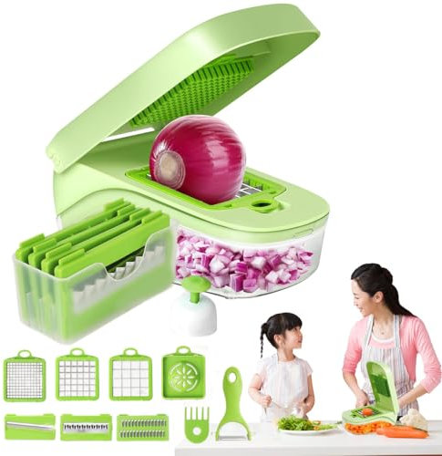 Picadora de verduras multifunción, cortador de verduras con recipiente, cortador de verduras para cocinar, preparar comidas, rebanadora de cebollas, gadget de cocina picadora de verduras multifunción,