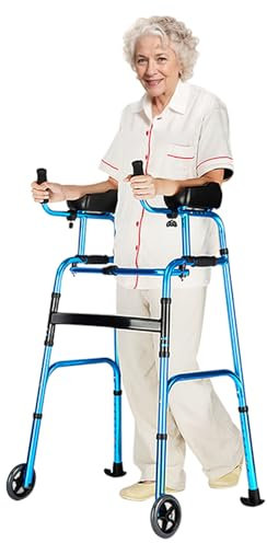 Joyfitness Gehbock Klappbarer, höhenverstellbares Gehgestell aus Aluminium, aufrechte Gehhilfe mit Sitzplatte, Radgehgestell mit Armlehnen-Stützpolster