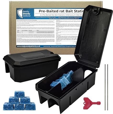 Pre-Baited Rat Boxes – 2 Pack, Ready-to-Use Rodent Control Stations for Indoors & Outdoors – Secure Enclosed Design for Homes, Sheds & Garages