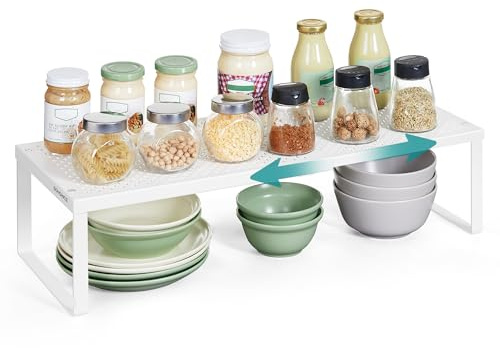 SONGMICS Especiero, Extensible, Organizador de Cocina, Estante de Cocina, Organizador de Armario, Estante Pequeño, Metal, Encimera, Mesa, Zapatero, Blanco Mate KCS007W01