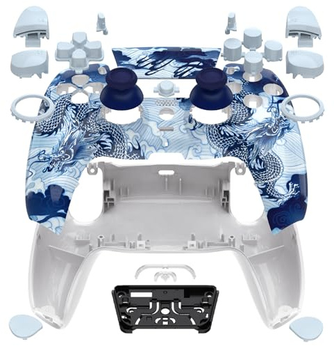 eXtremeRate Re-Design Luna Full Case Gehäuse Set kompatibel mit ps5 Controller BDM-030/040/050, DIY-Ersatz Hülle Faceplate/Back Shell/Sticks Tasten Zubehör für ps5 Controller-Porzellan Drache
