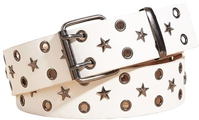 KMGDM Taillengürtel mit Ösen, Punk-Stern-Charm, schmale Kette, zweireihig, Grunge-Schnalle, moderner Bund, Taillenkette, Nietengürtel, weiß, 102*3.8cm