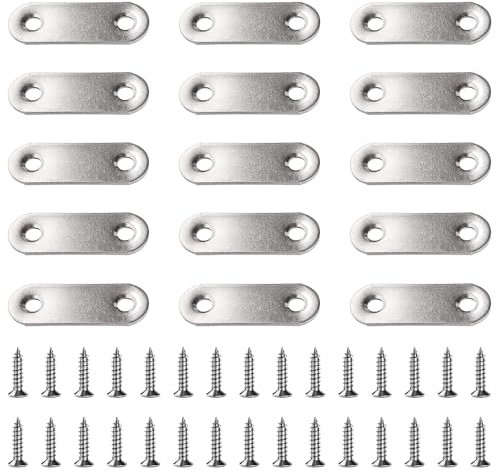 VooGenzek 15 Pezzi 46x16x2 mm Staffe Angolari Piatte, Piastre di Rammendo in Acciaio Inox, Piastre di Giunzione Piatte, Staffe Piatte per Rammendare, con 30 Pezzi Viti, per Riparare Mobili in Legno