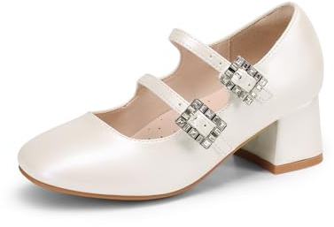 DREAM PAIRS Zapatos Mary Jane para Niñas Tacón Alto Doble Tira Ideales para Bodas Comunión Pascua Fiestas Tallas Pequeñas y Grandes, Marfil, 36 EU