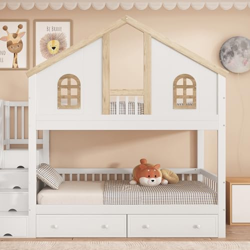 Shye Etagenbett, Kinderbett, mit farblich abgesetztem Fallschutzgitter, mit Fenster, Zwei Schubladen mit Rollen, mit vierstufigen Schrägleiter und Schubladen, Kiefer+MDF, Weiß+Natur, 90x200cm