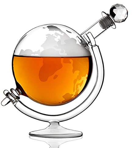 DEFBOW Carafe à Whisky en Forme de Globe gravé avec Support en Verre 1000 ml/33,8 oz Distributeur d'alcool en Verre Cristal Transparent pour Cadeaux de garçons d'honneur Carafe à vin et Rhum