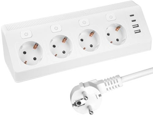 Steckdosenleiste mit 4 Schalter, 8-in-1 Mehrfachsteckdose mit USB (2X USB-A + 2X Type-C), 230V/16A/3680W, 2m Kabel, 4 Fach Mehrfachstecker, Desktop-Ecksteckdose für Büro & Zuhause