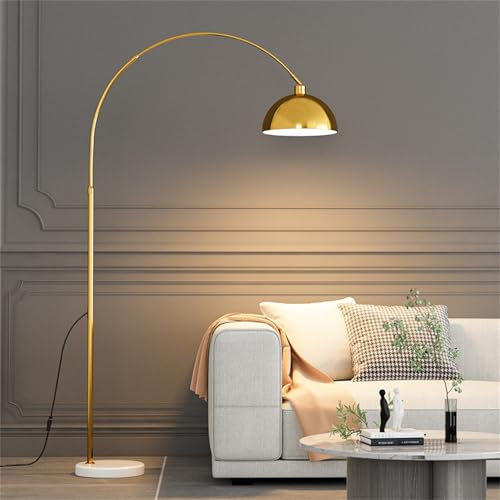 ZJHAHJY Moderne, verstellbare Bogen-Stehlampe mit Metall-Kuppelschirm und Marmorsockel für das Wohnzimmer – Ecklicht-Bogenlampen für Schlafzimmer, Wohnzimmer, Büro, 180 cm, Gold