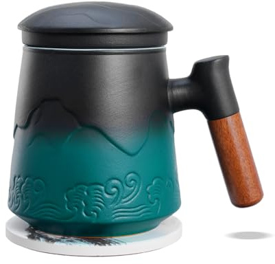 ZENS Teetasse mit Deckel und Sieb & Untersetzer, 450ml Teebecher, Grün | Matte Geprägtem Keramik Teetassen mit Feinsieb und Holzgriff für Losen Teeliebhaber Geschenke