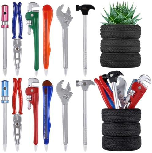 12 Pcs Tire Shaped Pen Holder Novelty Tool Pens Set & 2 Tyre Pen Holders Set | Novelty Hammer, Wrench & Spanner Pencils with Drainage Hole Flowerpot Holders | Black Ink Fine Writing Pens